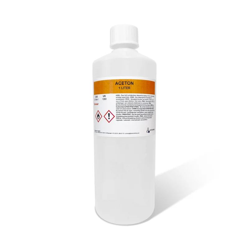 Een fles van 1 liter heldere vloeistof, geëtiketteerd als Aceton